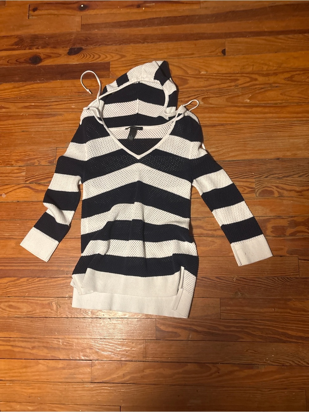 INC International Concepts Black & White Striped V-Neck Hooded Sweater